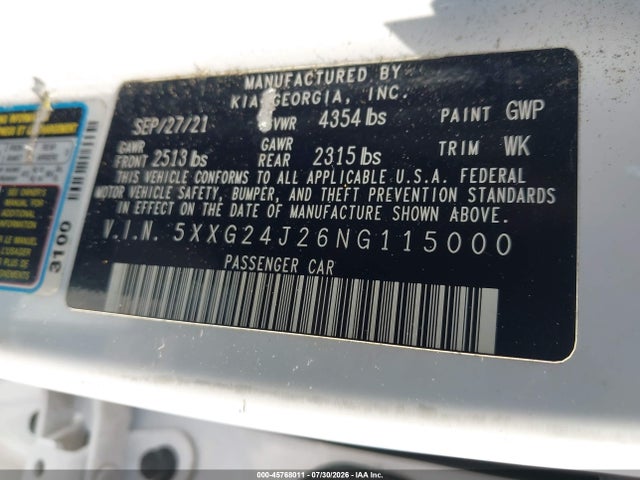 Aukcja sprzedaży 2022 Kia K5 Lx, vin: 5XXG24J26NG115000, numer aukcji: 45768011