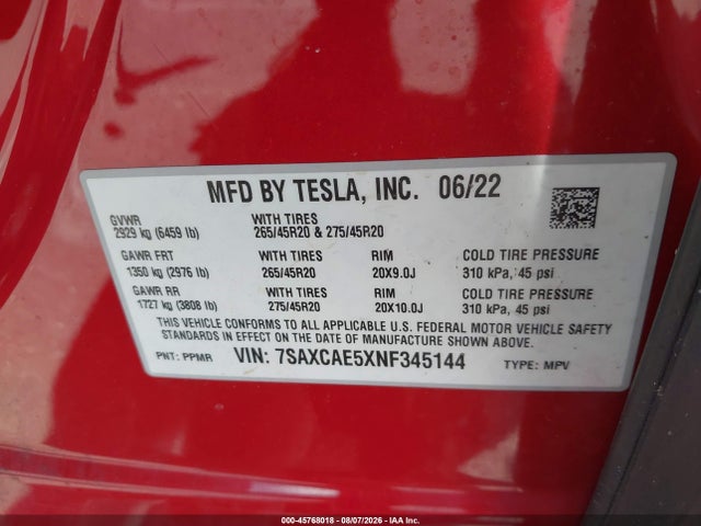 7SAXCAE5XNF345144 Tesla Model X Dual Motor All-wheel Drive