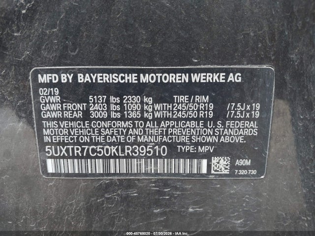 Продажа на аукционе авто 2019 Bmw X3 Sdrive30i, vin: 5UXTR7C50KLR39510, номер лота: 45768020
