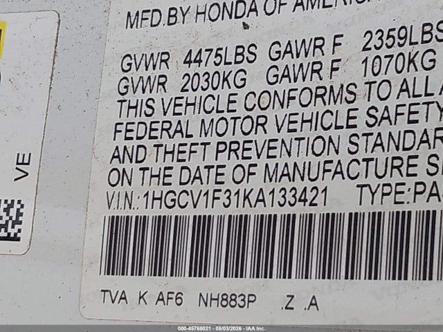 Aukcja sprzedaży 2019 Honda Accord Sport, vin: 1HGCV1F31KA133421, numer aukcji: 45768021