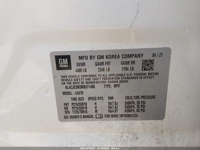 Aukcja sprzedaży 2021 Buick Encore Awd Preferred, vin: KL4CJESM3MB371486, numer aukcji: 45768027