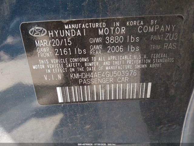 2016 Hyundai Elantra Se მანქანა იყიდება აუქციონზე, vin: KMHDH4AE4GU503976, აუქციონის ნომერი: 45768026