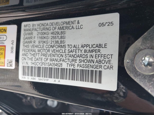 Продажа на аукционе авто 2025 Honda Accord Hybrid Ex-l, vin: 1HGCY2F61SA054628, номер лота: 45768041