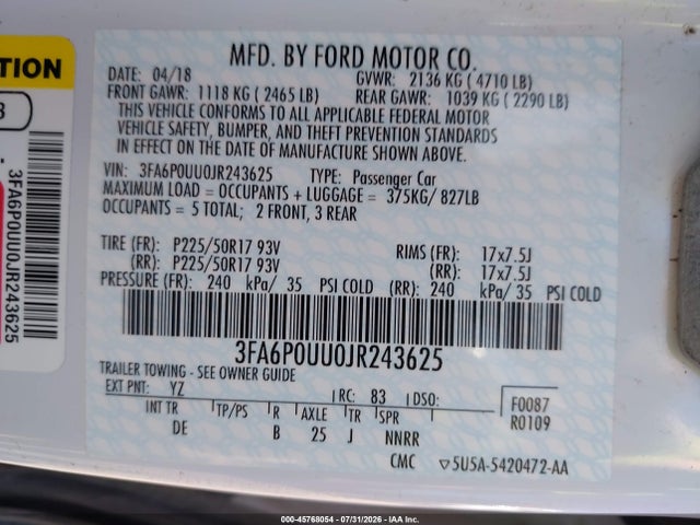 3FA6P0UU0JR243625 Ford Fusion Hybrid S