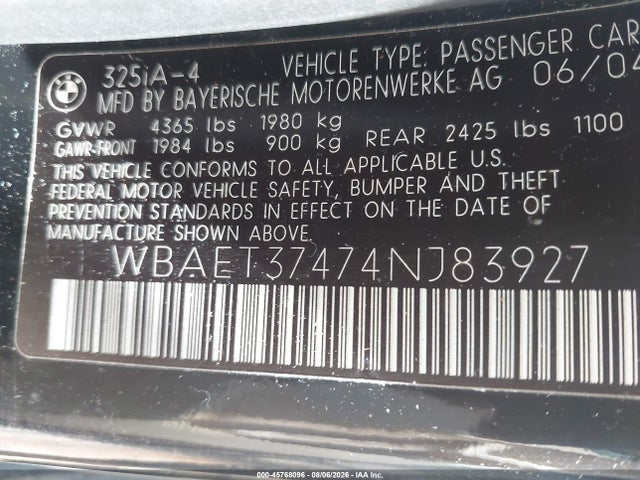 Aukcja sprzedaży 2004 Bmw 325i, vin: WBAET37474NJ83927, numer aukcji: 45768096