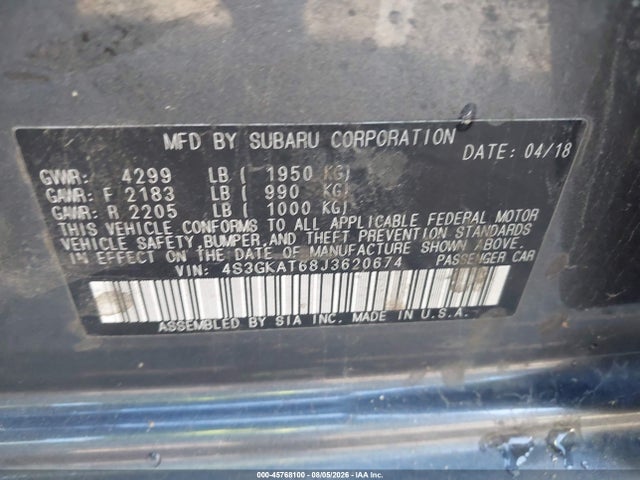 2018 Subaru Impreza 2.0i Limited მანქანა იყიდება აუქციონზე, vin: 4S3GKAT68J3620674, აუქციონის ნომერი: 45768100
