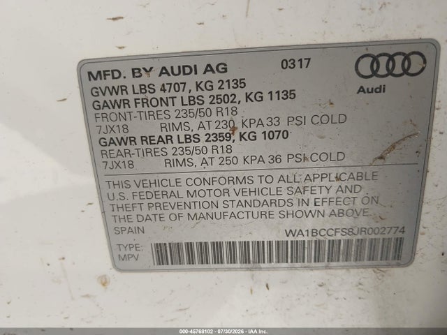 45768102 :رقم المزاد ، WA1BCCFS8JR002774 vin ، 2018 Audi Q3 2.0t Premium/2.0t Sport Premium مزاد بيع