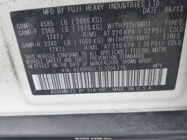 Aukcja sprzedaży 2014 Subaru Outback 2.5i Premium, vin: 4S4BRBDC3E3206316, numer aukcji: 45768108
