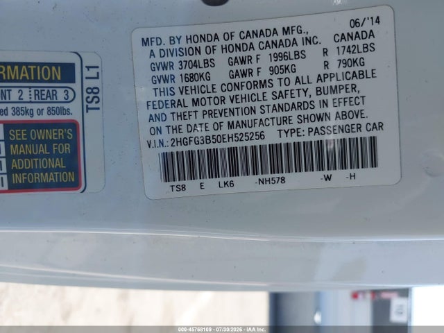 Honda Civic Lx 2014 2HGFG3B50EH525256 Image 9
