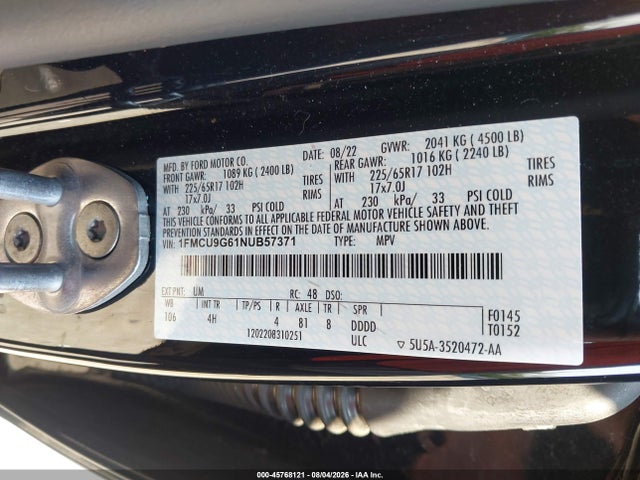 Auction sale of the 2022 Ford Escape Se, vin: 1FMCU9G61NUB57371, lot number: 45768121