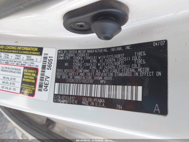 Продажа на аукционе авто 2007 Toyota Sienna Xle Limited, vin: 5TDZK22C57S053787, номер лота: 45768133