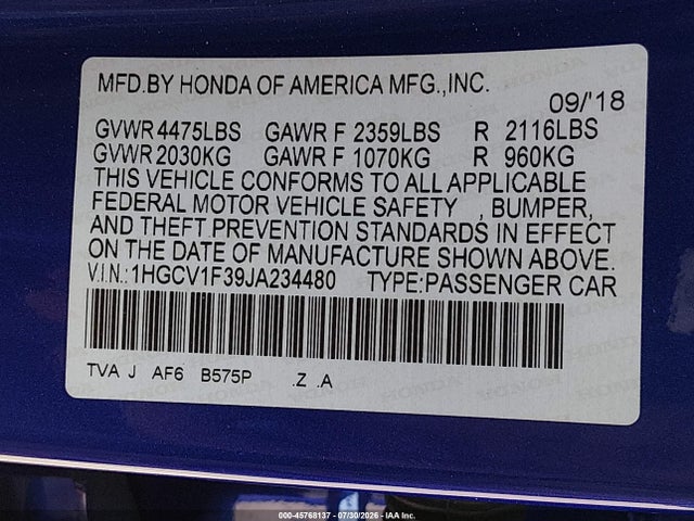 1HGCV1F39JA234480 Honda Accord Sport