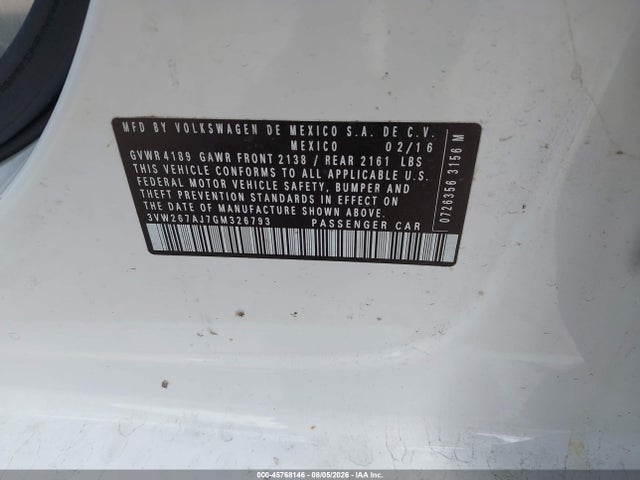 Aukcja sprzedaży 2016 Volkswagen Jetta 1.4t S, vin: 3VW267AJ7GM326793, numer aukcji: 45768146