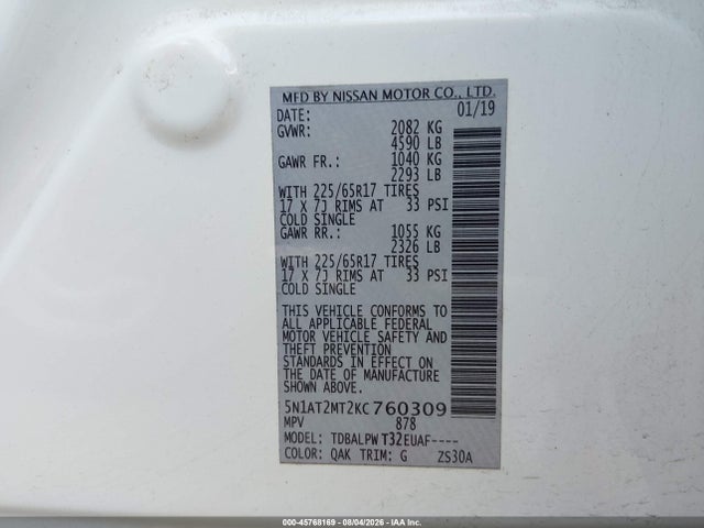 45768169 :رقم المزاد ، 5N1AT2MT2KC760309 vin ، 2019 Nissan Rogue S مزاد بيع