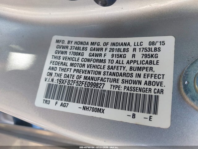 Aukcja sprzedaży 2015 Honda Civic Lx, vin: 19XFB2F52FE099827, numer aukcji: 45768184