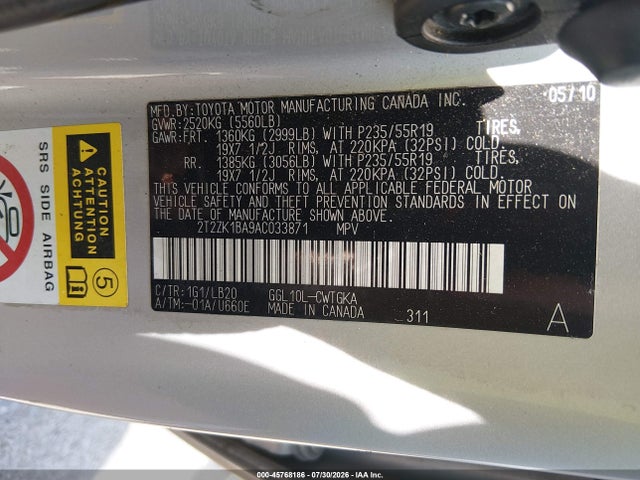 45768186 :رقم المزاد ، 2T2ZK1BA9AC033871 vin ، 2010 Lexus Rx 350 مزاد بيع