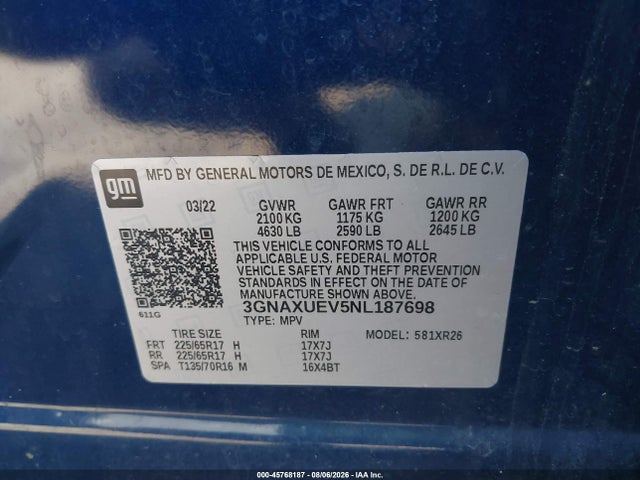 Aukcja sprzedaży 2022 Chevrolet Equinox Awd Lt, vin: 3GNAXUEV5NL187698, numer aukcji: 45768187