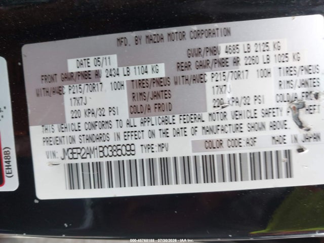 Aukcja sprzedaży 2011 Mazda Cx-7 I Sv, vin: JM3ER2AM1B0385099, numer aukcji: 45768188