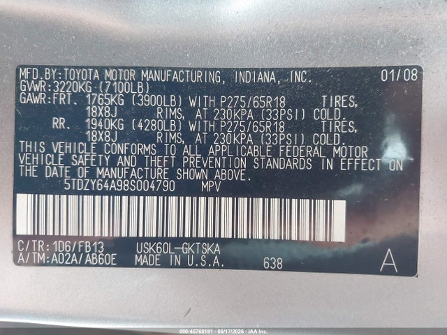 45768191 :رقم المزاد ، 5TDZY64A98S004790 vin ، 2008 Toyota Sequoia Sr5 5.7l V8 مزاد بيع