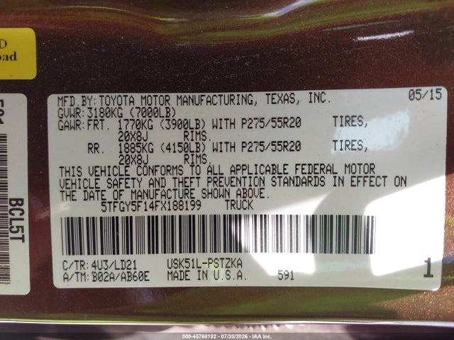 2015 Toyota Tundra 1794 5.7l V8 მანქანა იყიდება აუქციონზე, vin: 5TFGY5F14FX188199, აუქციონის ნომერი: 45768192