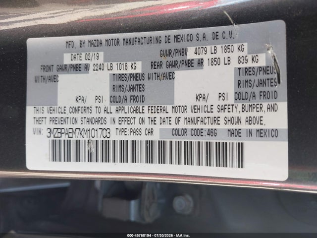 Aukcja sprzedaży 2019 Mazda Mazda3 Premium Package, vin: 3MZBPAEM7KM101703, numer aukcji: 45768194