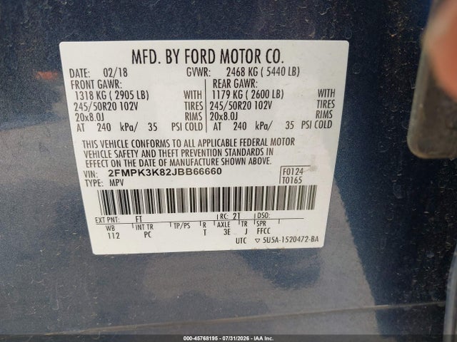 2018 Ford Edge Titanium მანქანა იყიდება აუქციონზე, vin: 2FMPK3K82JBB66660, აუქციონის ნომერი: 45768195