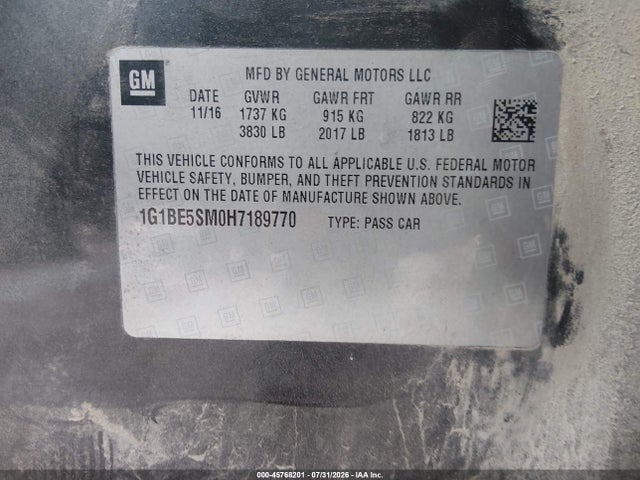 Продажа на аукционе авто 2017 Chevrolet Cruze Lt Auto, vin: 1G1BE5SM0H7189770, номер лота: 45768201