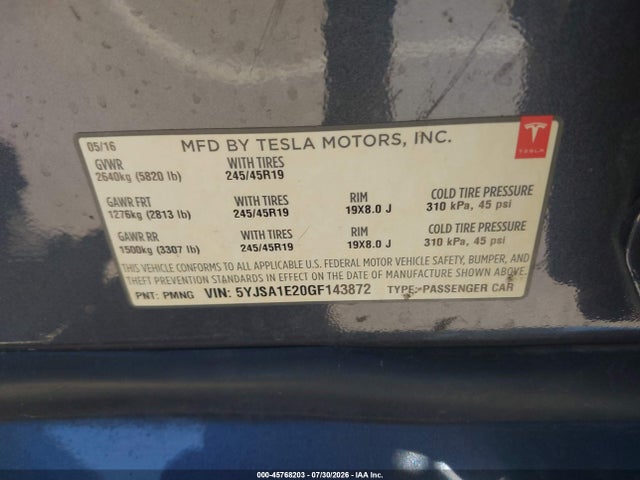 Tesla Model S 60d/70d/75d/85d/90d 2016 5YJSA1E20GF143872 Image 9