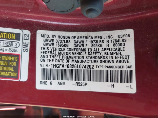 Продаж на аукціоні авто 2006 Honda Civic Ex, vin: 1HGFA16826L074202, номер лоту: 45768204