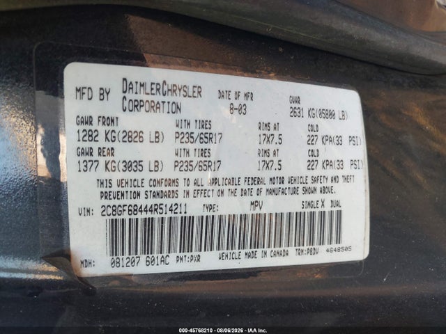 45768210 :رقم المزاد ، 2C8GF68444R514211 vin ، 2004 Chrysler Pacifica مزاد بيع
