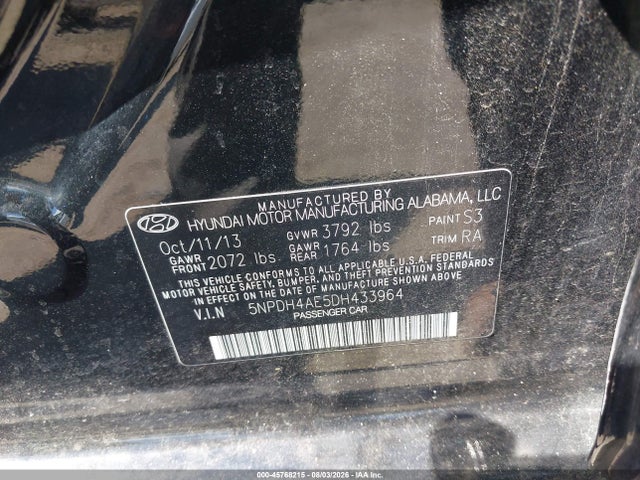 2013 Hyundai Elantra Gls მანქანა იყიდება აუქციონზე, vin: 5NPDH4AE5DH433964, აუქციონის ნომერი: 45768215