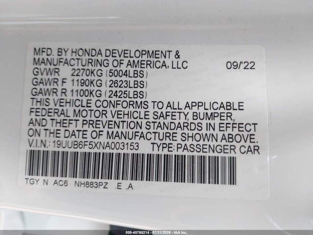 45768214 :رقم المزاد ، 19UUB6F5XNA003153 vin ، 2022 Acura Tlx A-spec Package مزاد بيع