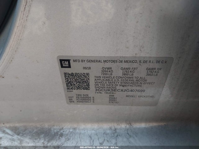 Aukcja sprzedaży 2018 Chevrolet Silverado 1500 2lz, vin: 3GCUKSECXJG407699, numer aukcji: 45768219