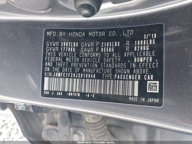 Продажа на аукционе авто 2018 Honda Civic Ex-t, vin: JHMFC1F39JX010946, номер лота: 45768230