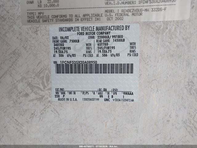 Продажа на аукционе авто 2002 Ford F550 Super Duty Stripped Chass, vin: 1FCNF53SX20A08950, номер лота: 45768271