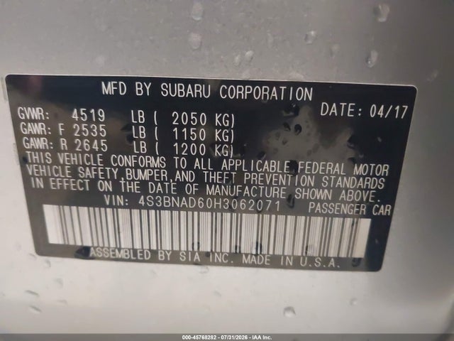 Aukcja sprzedaży 2017 Subaru Legacy 2.5i Premium, vin: 4S3BNAD60H3062071, numer aukcji: 45768282