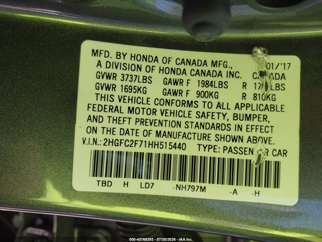 Honda CIVIC EX 2017 2HGFC2F71HH515440 Image 9