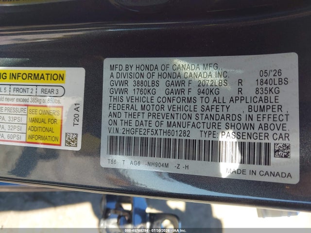 Honda Civic Sport 2026 2HGFE2F5XTH601282 Image 9