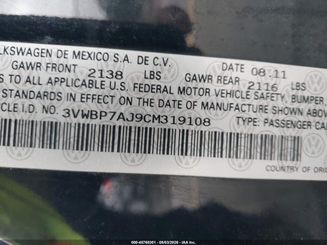 Продажа на аукционе авто 2012 Volkswagen Jetta 2.5l Se, vin: 3VWBP7AJ9CM319108, номер лота: 45768301