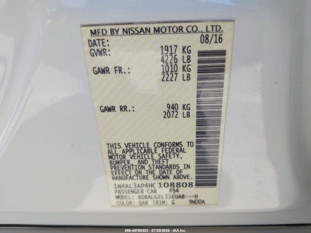 45768303 :رقم المزاد ، 1N4AL3AP4HC108808 vin ، 2017 Nissan Altima 2.5 S مزاد بيع