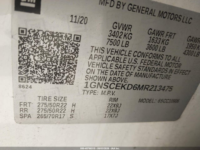Продажа на аукционе авто 2021 Chevrolet Suburban 2wd Rst, vin: 1GNSCEKD6MR213475, номер лота: 45768315