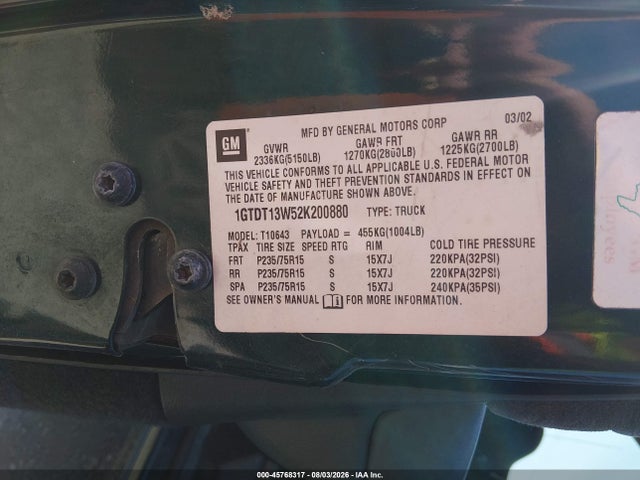 45768317 :رقم المزاد ، 1GTDT13W52K200880 vin ، 2002 Gmc Sonoma Sls مزاد بيع