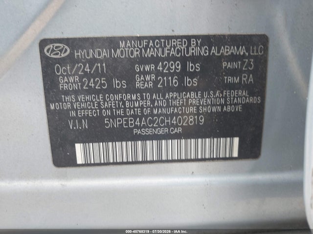 Aukcja sprzedaży 2012 Hyundai Sonata Gls, vin: 5NPEB4AC2CH402819, numer aukcji: 45768319