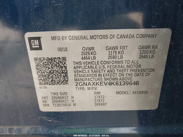 2019 Chevrolet Equinox Lt მანქანა იყიდება აუქციონზე, vin: 2GNAXKEV4K6139646, აუქციონის ნომერი: 45768320