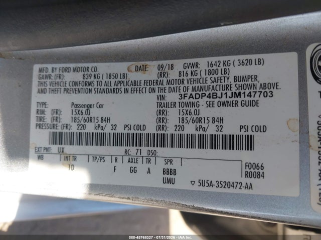 Продаж на аукціоні авто 2018 Ford Fiesta Se, vin: 3FADP4BJ1JM147703, номер лоту: 45768327