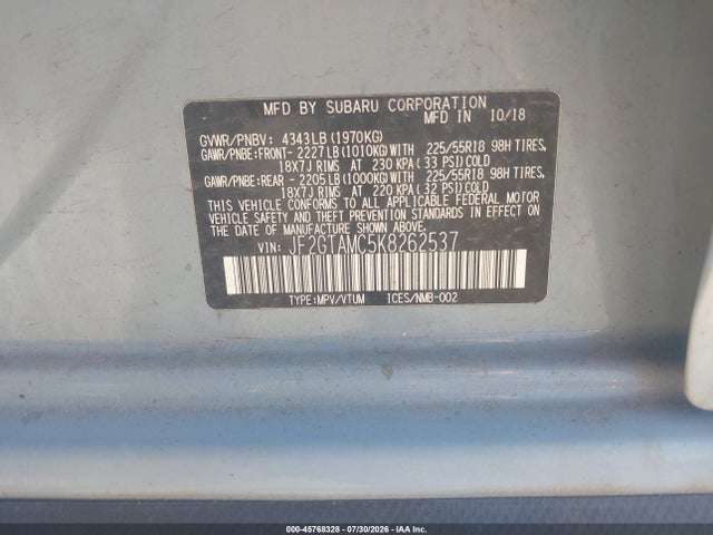 Продаж на аукціоні авто 2019 Subaru Crosstrek 2.0i Limited, vin: JF2GTAMC5K8262537, номер лоту: 45768328