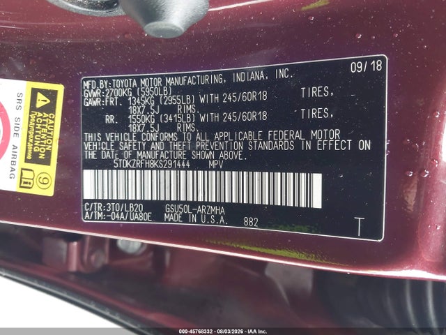 Aukcja sprzedaży 2019 Toyota Highlander Xle, vin: 5TDKZRFH8KS291444, numer aukcji: 45768332