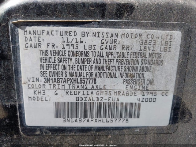 Продаж на аукціоні авто 2017 Nissan Sentra Sv, vin: 3N1AB7APXHL657778, номер лоту: 45768347