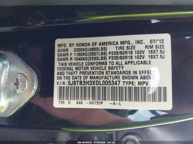 Aukcja sprzedaży 2013 Acura Rdx, vin: 5J8TB3H3XDL005347, numer aukcji: 45768353