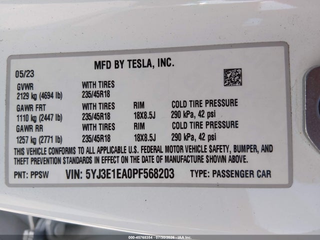 Продаж на аукціоні авто 2023 Tesla Model 3 Rear-wheel Drive, vin: 5YJ3E1EA0PF568203, номер лоту: 45768354
